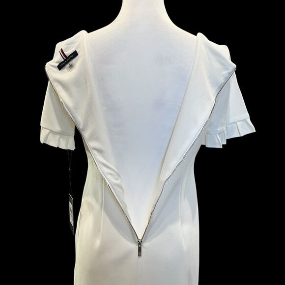 Tommy Hilfiger Scuba Crepe Sheath Dress Ruffle Sleeve Ivory White Petite 6P NWT - Picture 4 of 13